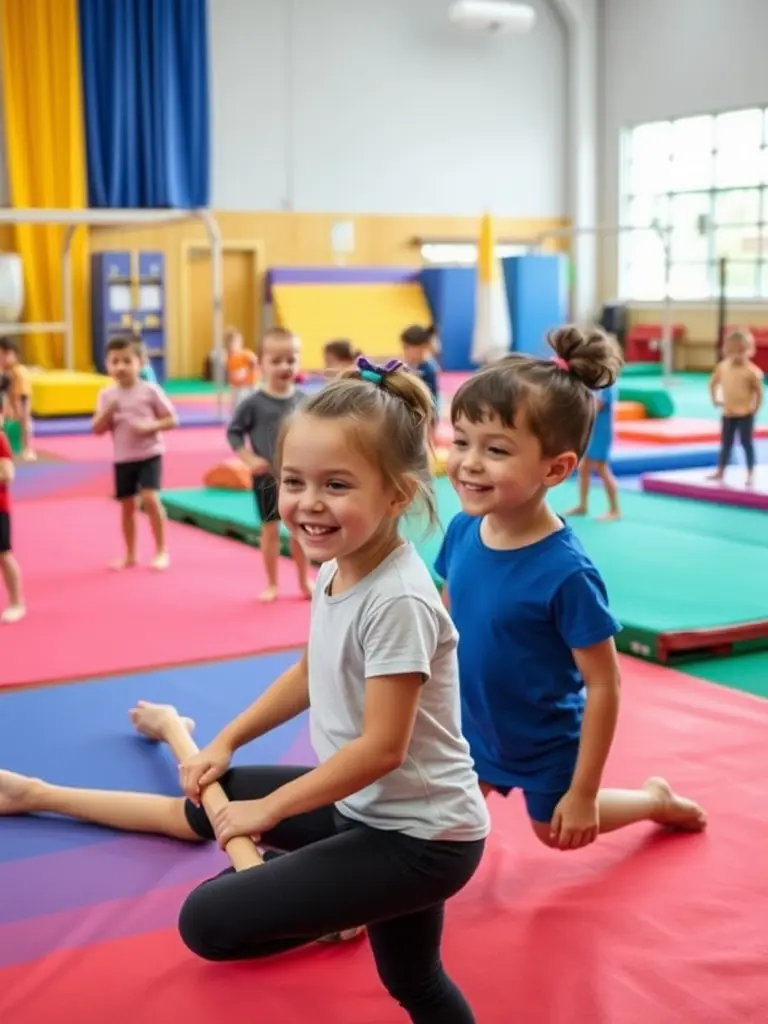 A vibrant image of children participating in a gymnastics training session, showcasing flexibility and coordination.