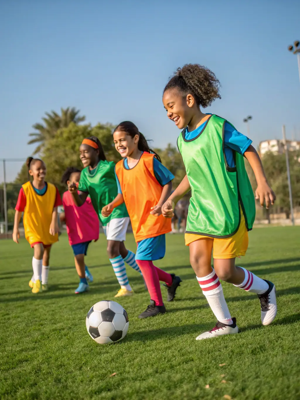 A diverse group of children playing soccer in a friendly match, emphasizing the inclusive and fun sports activities organized by MGC.