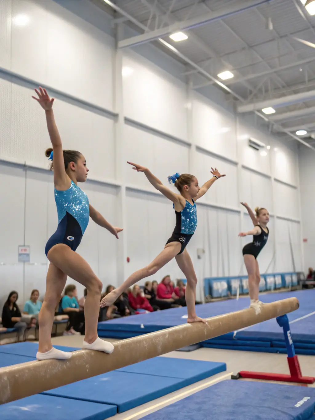 A picture of participants at a regional gymnastics competition, highlighting the competitive opportunities provided by MGC.