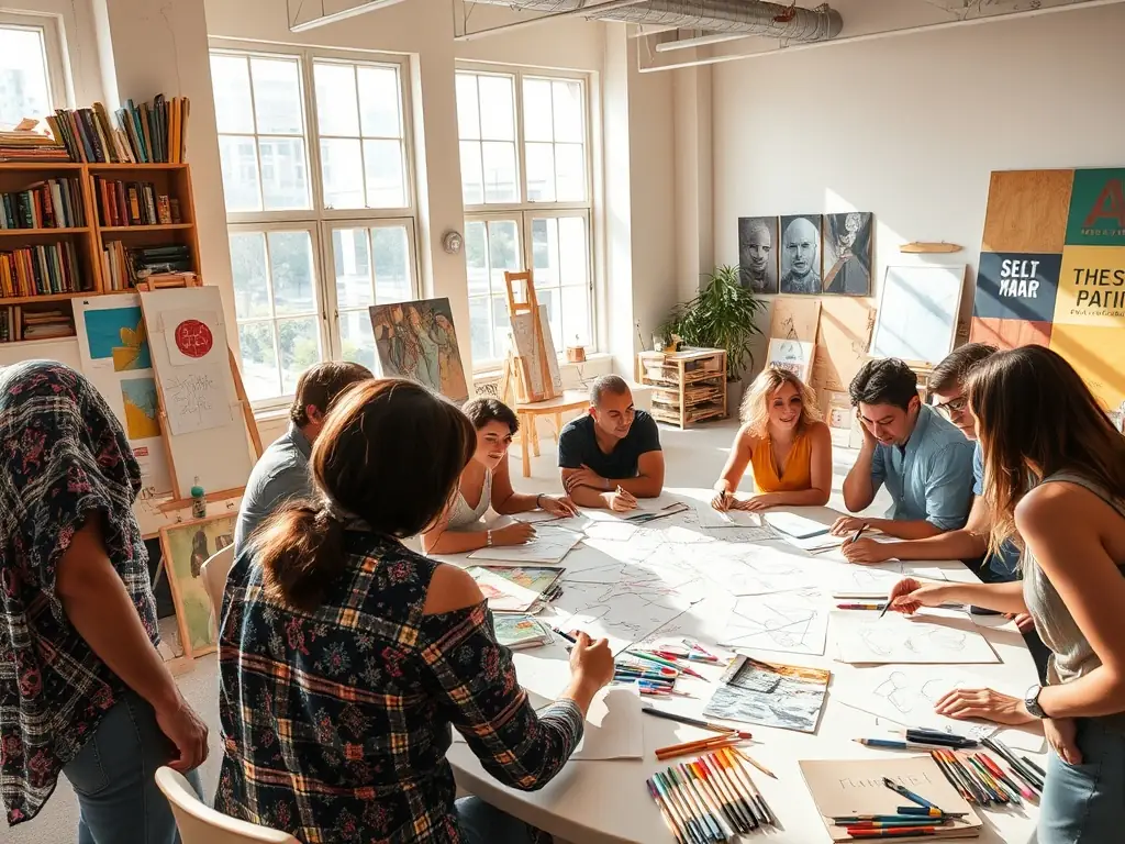 A heartwarming image showing young artists participating in a mentorship program, receiving guidance and support from experienced artists, emphasizing MDD FAMILY's dedication to nurturing the next generation of creative talents.