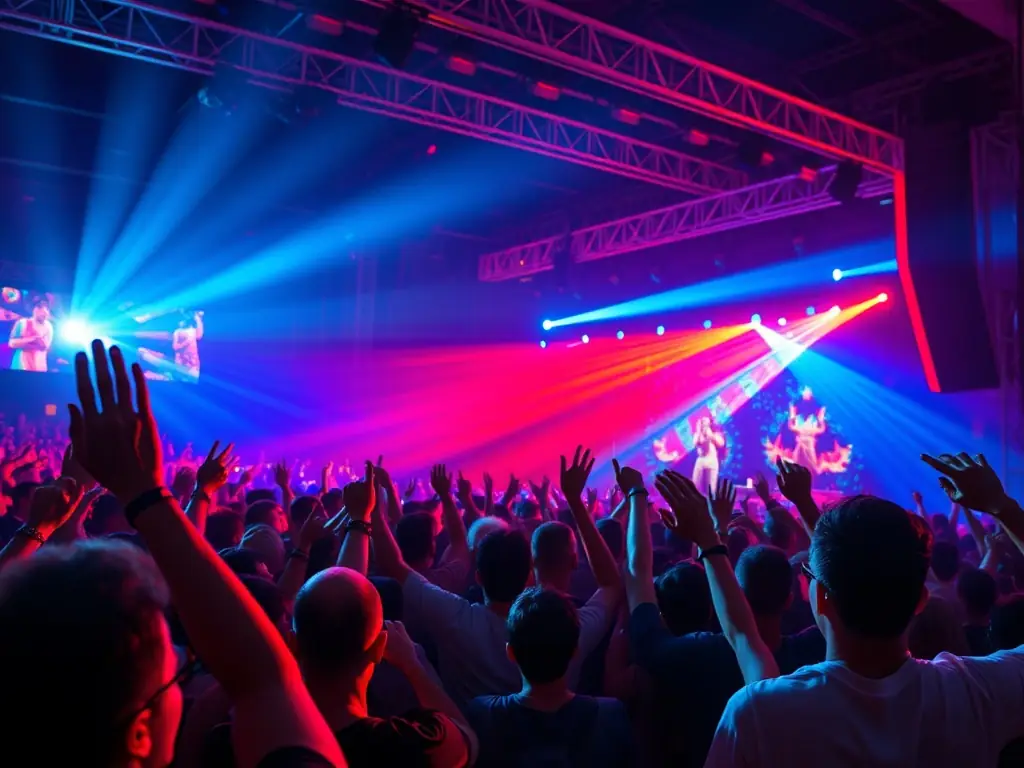 A dynamic image capturing a live concert event organized by MDD FAMILY, featuring musicians on stage and an enthusiastic audience, highlighting the collective's commitment to providing inclusive and engaging cultural experiences.