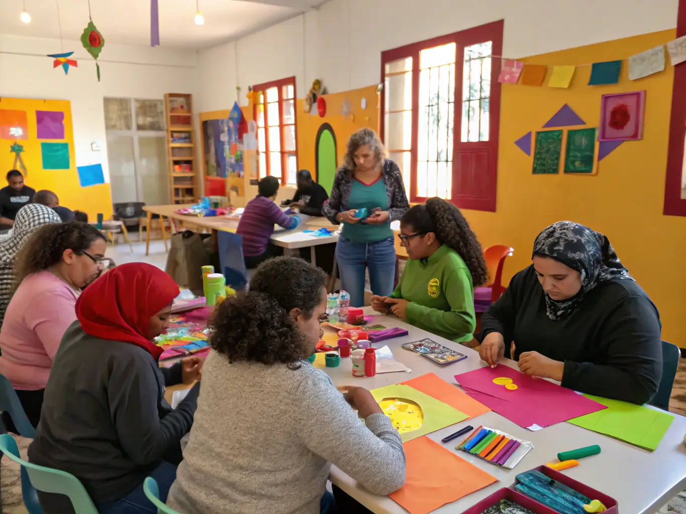 A vibrant image depicting a diverse group of people actively participating in a community art workshop, surrounded by artists and various educational materials, showcasing the inclusive and collaborative spirit of MDD FAMILY's cultural programs.