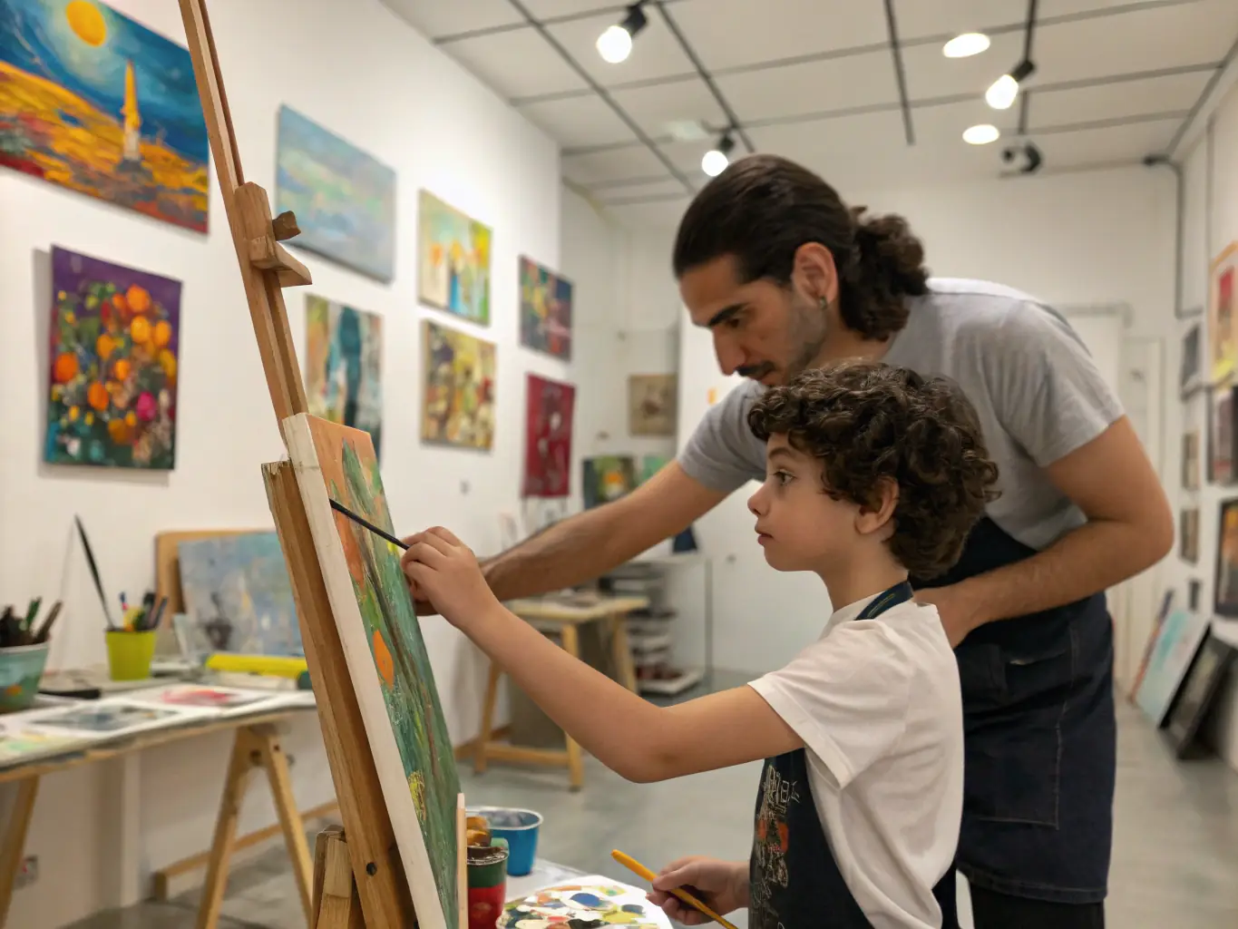 A photograph depicting an educational workshop led by MDD FAMILY, showing artists mentoring young participants in various art forms such as painting, sculpture, or music. The image should highlight the intergenerational aspect of the workshop and the transfer of artistic knowledge.