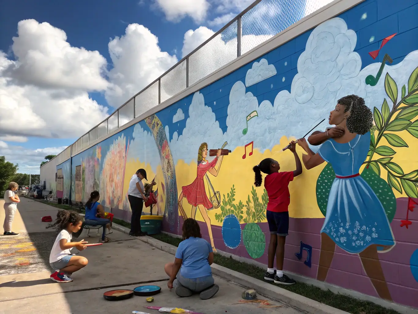 A photograph showcasing a community project organized by MDD FAMILY, such as a mural painting, a community garden, or a collaborative art installation. The image should emphasize the collective effort and the positive impact of the project on the local community.